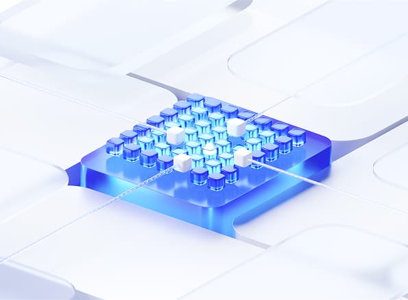 A futuristic digital grid with glowing blue hexagonal shapes and white cubes arranged in a symmetrical pattern on a clean background.